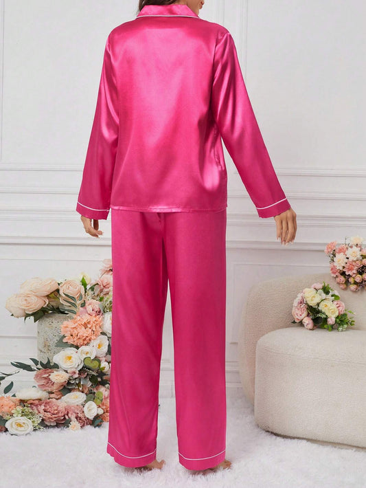 Women's Contrast Banded Collar Long Sleeve Pants Pajama Set shein