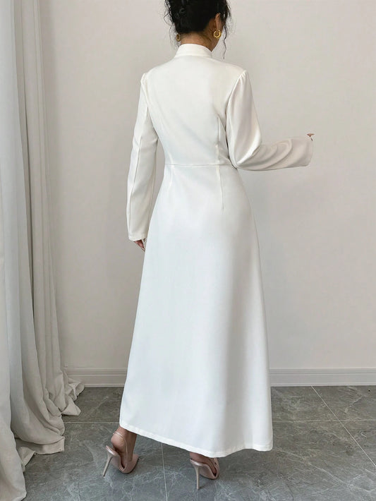 Privé Women's Long Sleeve Turndown Collar Button Decor Long Cardigan shein