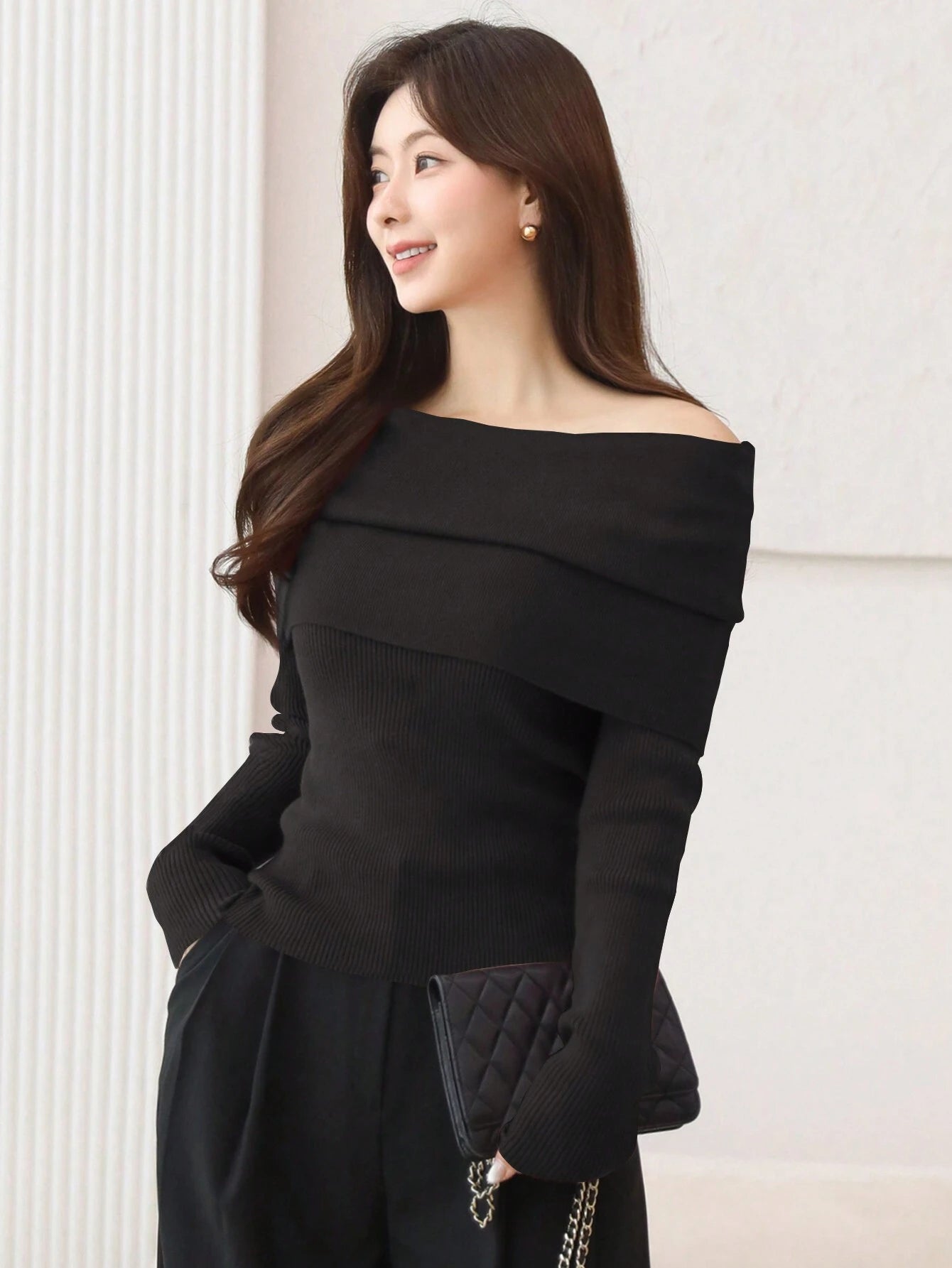DAZY 1pc Women Solid Color Off Shoulder Long Sleeve Ribbed Casual Sweater Off Shoulder Sweater