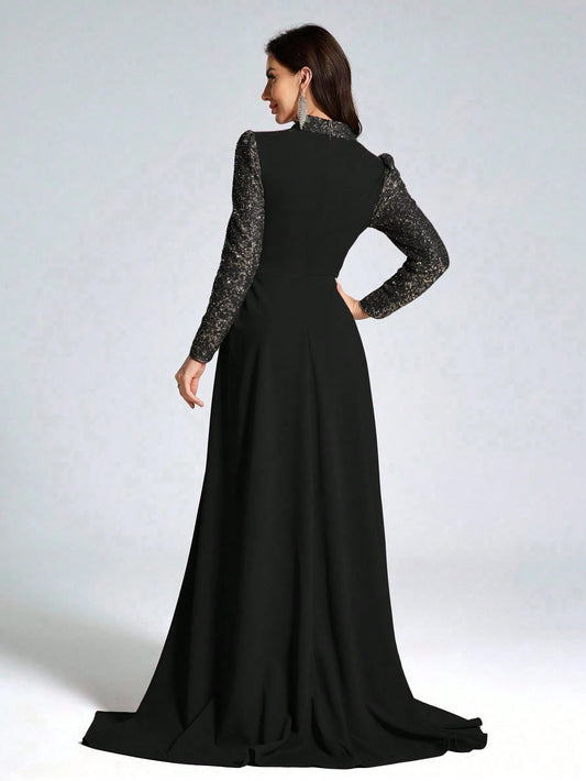 Long Sleeve Sequin Patchwork Slim High-End Party Dress