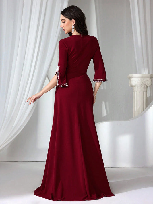 Women's Formal Evening Gown, Wedding Guest Dress Bodycon Beaded Knit Red Elegant Dress