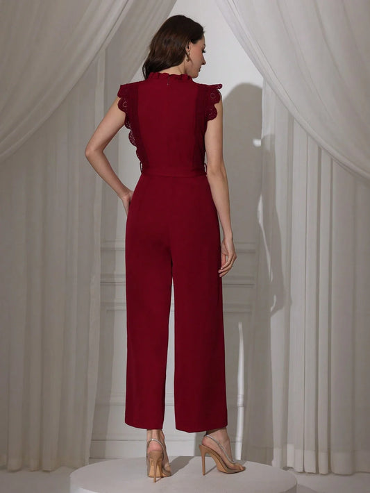 Modelyn Women Solid Color Lace Patchwork Sleeveless Sashes Straight Leg Jumpsuit