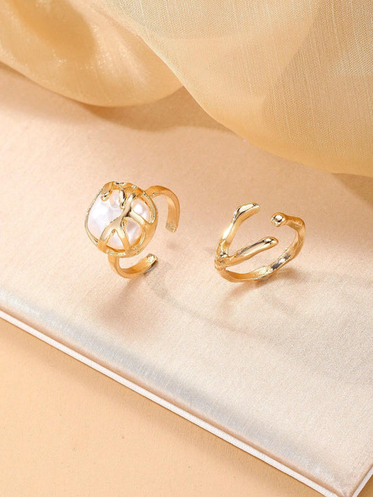 2pcs Metallic Pearl Decor Casual Rings Set