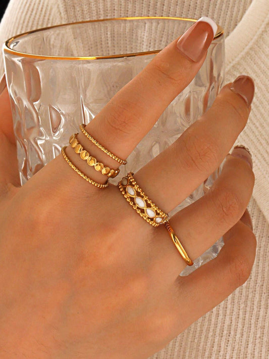 3pcs Set Stainless Steel 18K Gold-Plated Minimalist Geometric Drip Oil Open Ring