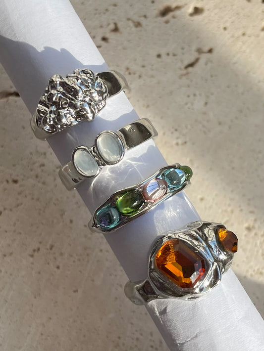 Unique Geometric Floral Colorful Gemstone Pearl Rings