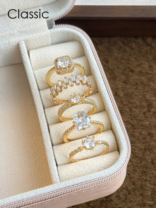 5pcs Elegant Copper Inlaid Cubic Zirconia Fashion Simple Chic Rings Set