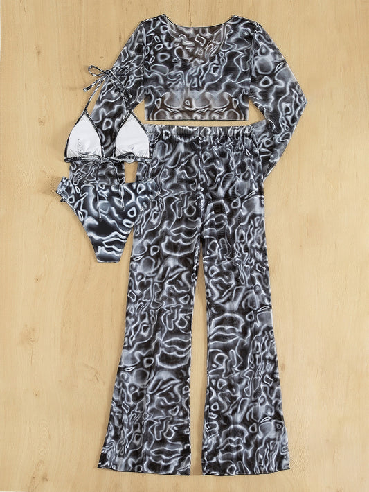 Allover Print Bikini Set Tie Back Halter Triangle Bra & Bikini & Tie Front Cover Up Top & Swim Pants 4 Piece Bathing Suit shein