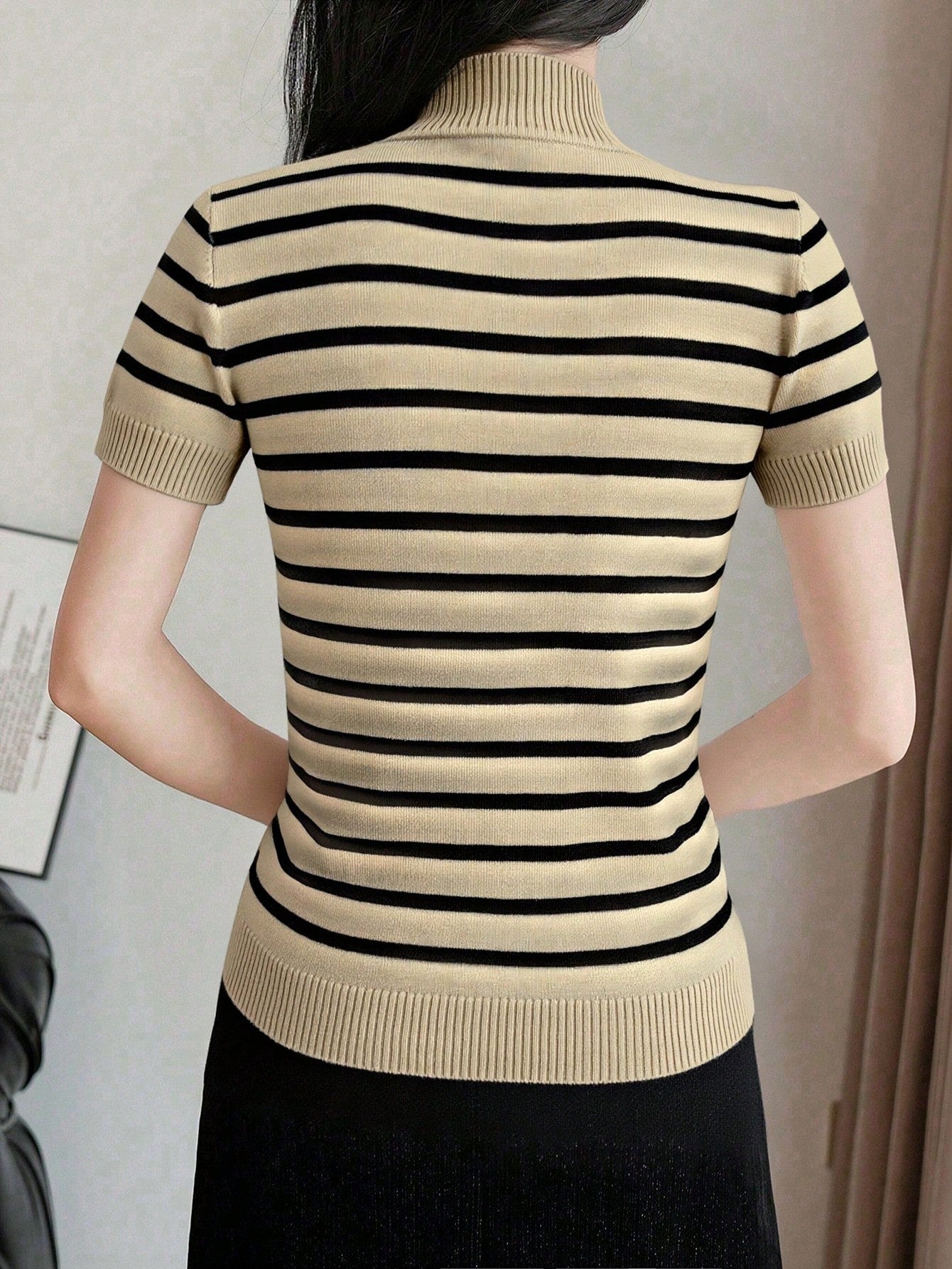 Women Casual Solid Color Turtleneck Slim Fit Short Sleeve Knit Top