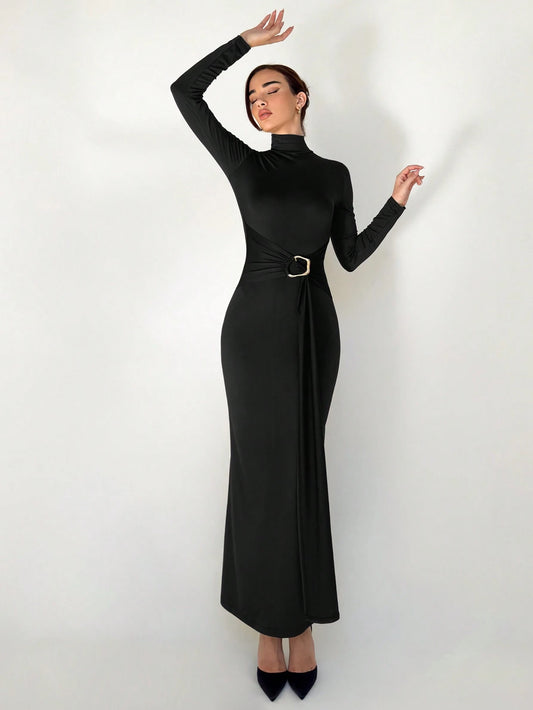 Stand Collar Long Sleeve Cinched Waist Extra-Long Versatile Knit Dress