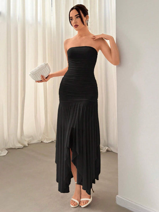 Aloruh Ladies' Asymmetrical Hem Ruffle Trim Dating & Wedding Season Dress