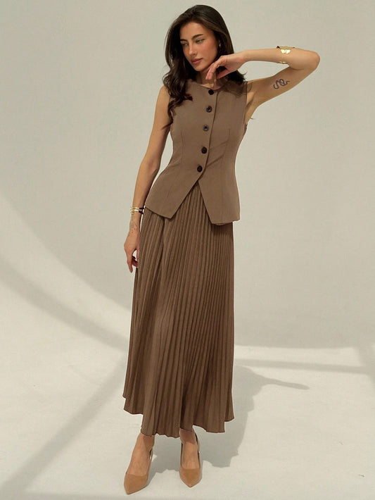 Women's Solid Color Vest + Pleated A-Line Skirt Suit