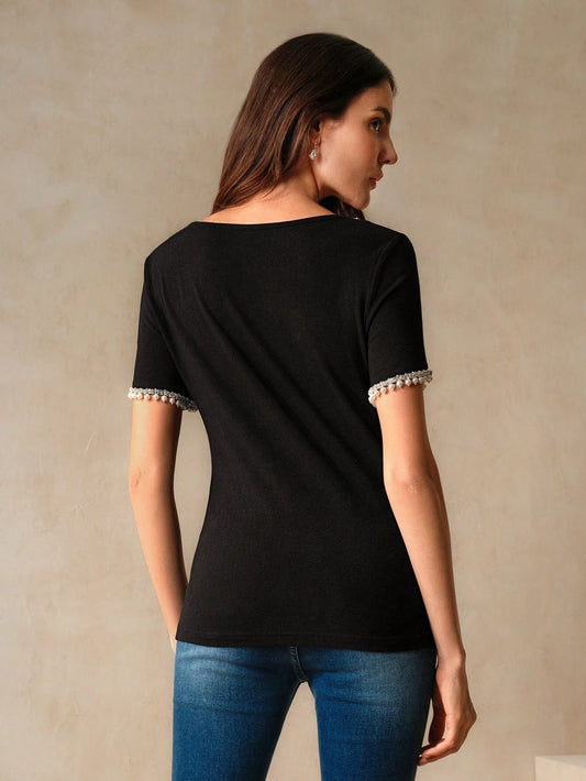 Women's Black Short-Sleeved T-Shirt With Pearl And Rhinestone