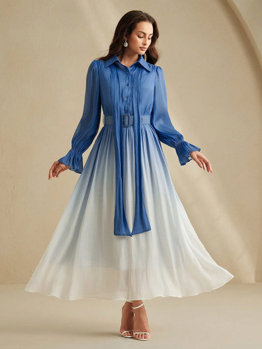 Anewsta Graceful Round Neck Tie Sleeve Cinched Waist Ombre Chiffon Print Women Dress