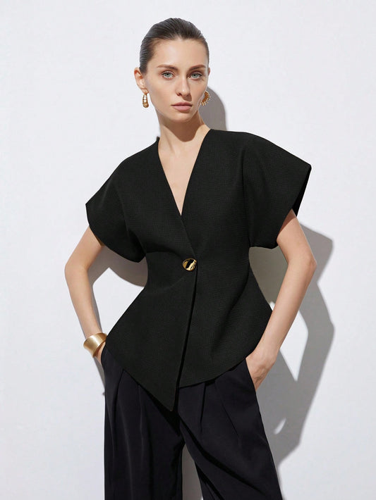 Elegant Minimalist Design V-Neck Asymmetrical Hem Cap Sleeve Jacket With Decorative Buttons