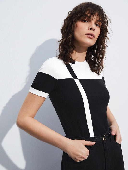 2pcs Contrast Color Fitted Knit Sweater