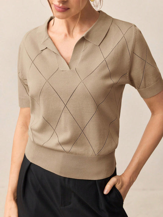 BizChic Women's Green Polo Collar Diamond Knit Short Sleeve Pullover Sweater