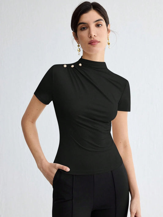 Stand Collar Ruched Shoulder Metallic Button Detail T-Shirt