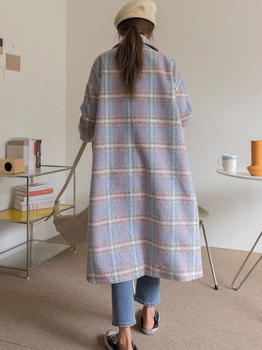 DAZY Plaid Lapel Neck Single Button Overcoat shein