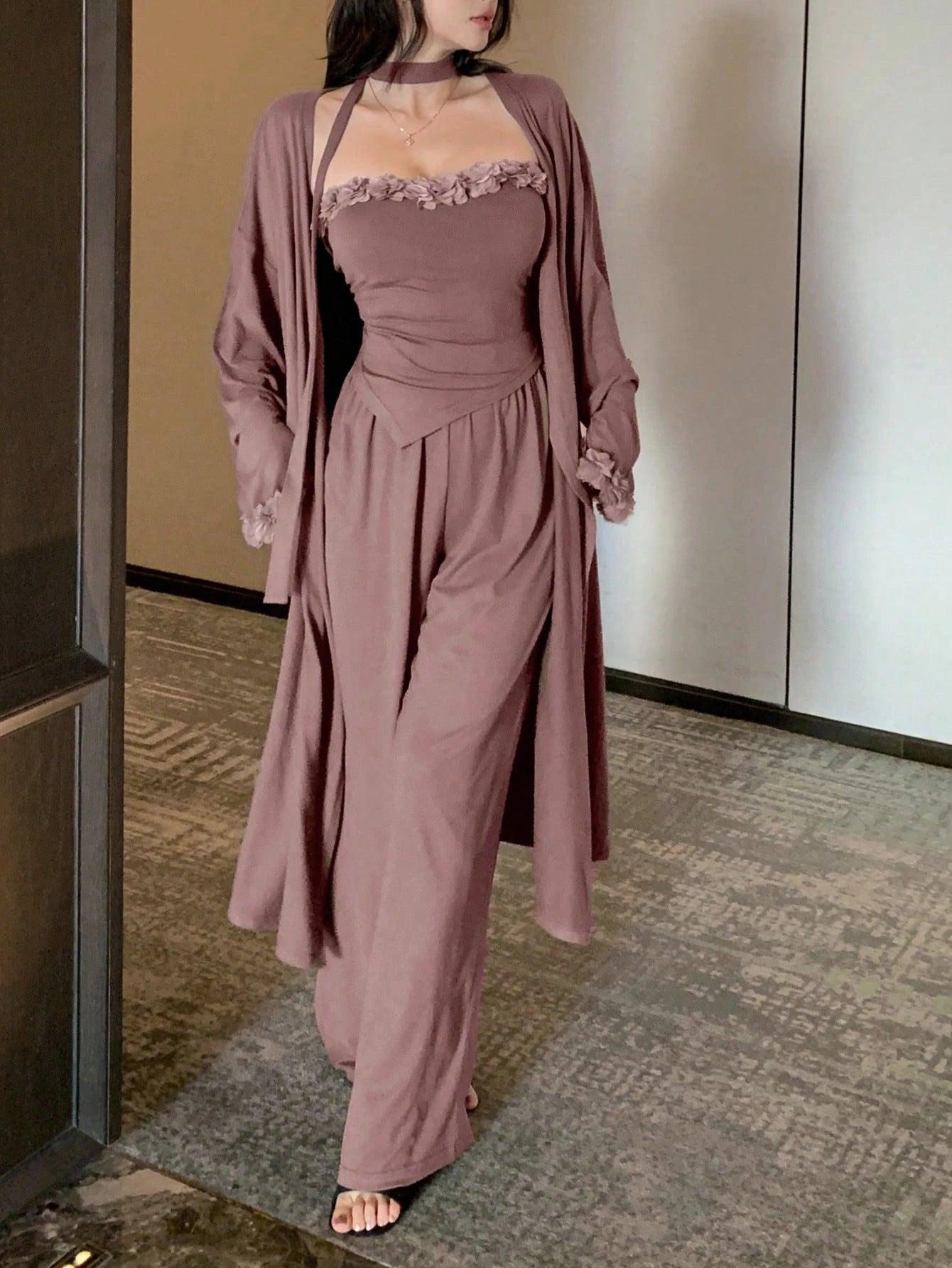 3pcs Set Loose Fit Asymmetrical Hem Floral Decor Cami Top, Long Cardigan And Wide Leg Pants