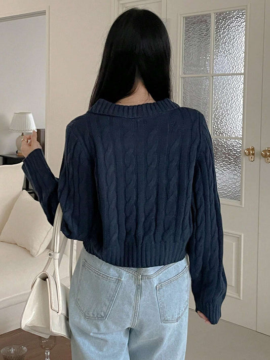 Casual Solid Color Lapel Zipper Cropped Sweater