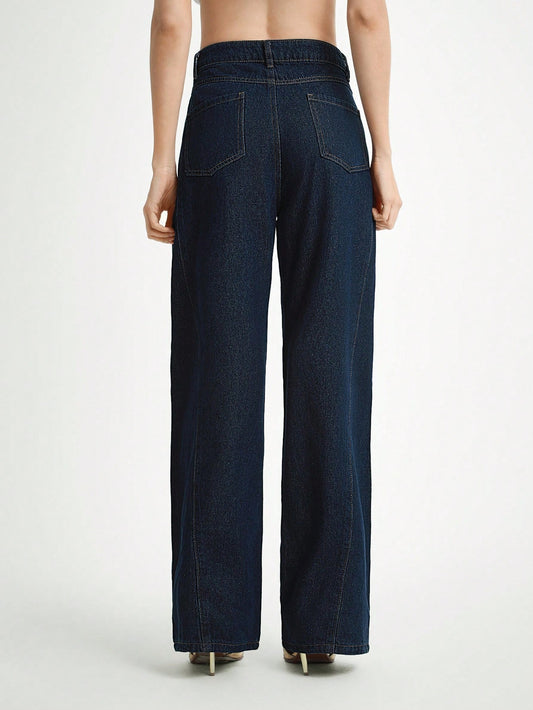 Daynim Women's Solid Color Casual Denim Jeans Wide Leg Jeans