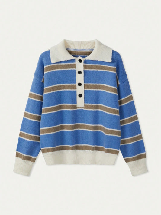 Women's Polo Collar Contrasting Striped Long Sleeved Knitted Sweater