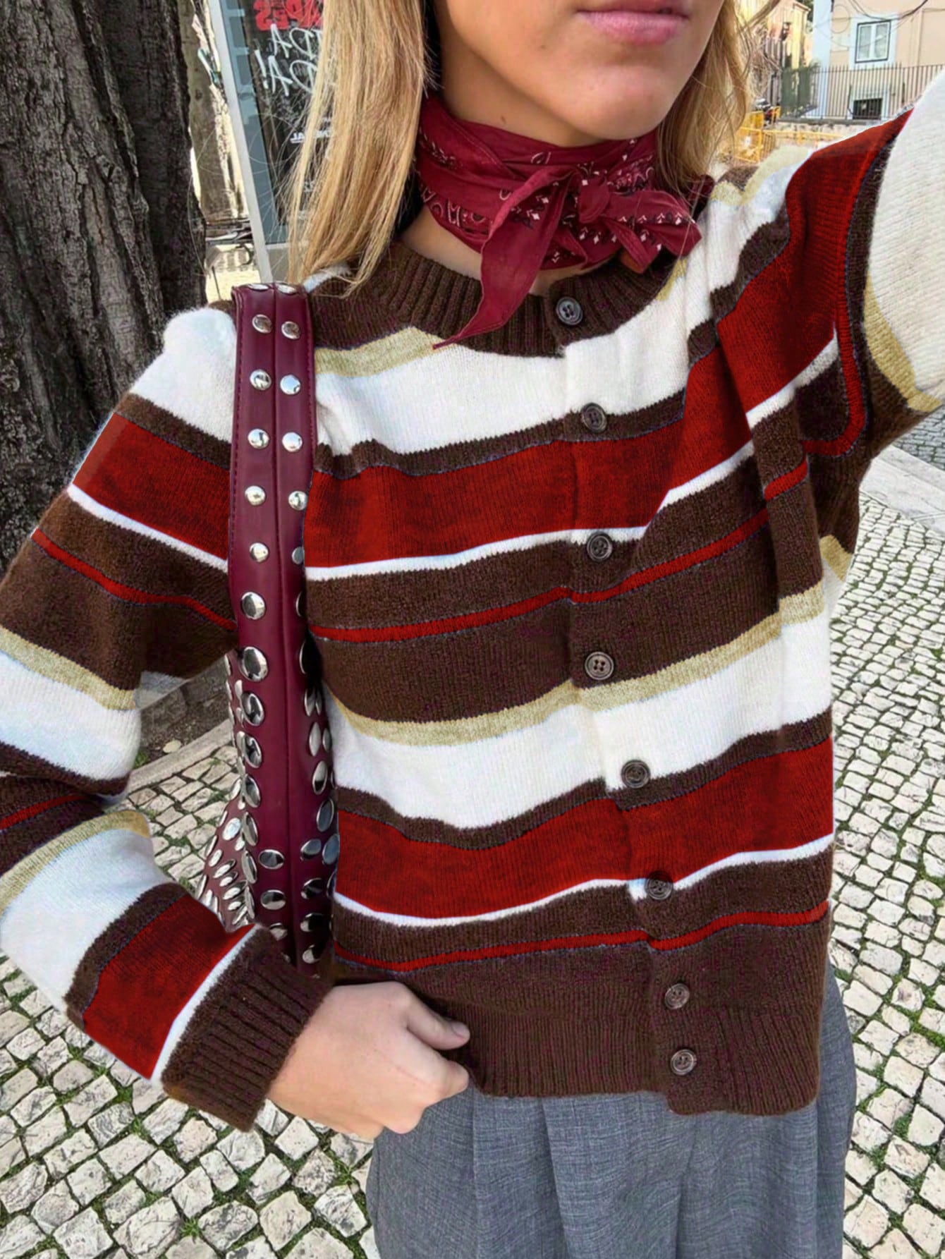 Round Neck Long Sleeve Striped Knit Sweater