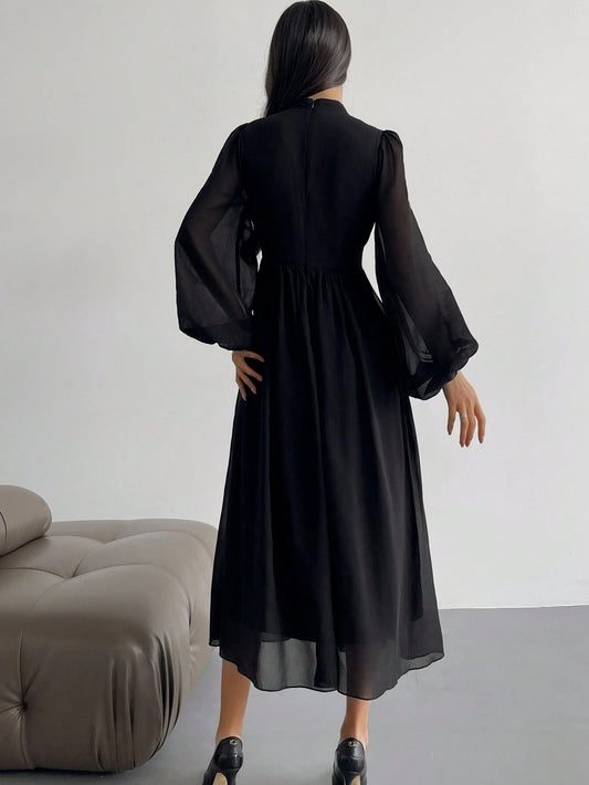 Firerie Ladies' Solid Color Lantern Sleeve Waist Belted Elegant Dress