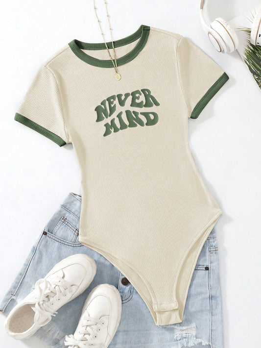 Flirla Slogan Graphic Contrast Trim Bodysuit
