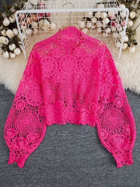 Women's Autumn Floral Lace Hollow Zipper Front Long Sleeve Blouse