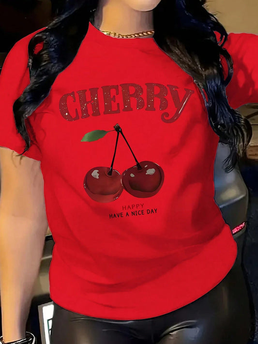 Fruit & Cherry Print Short Sleeve Round Neck Casual T-Shirt