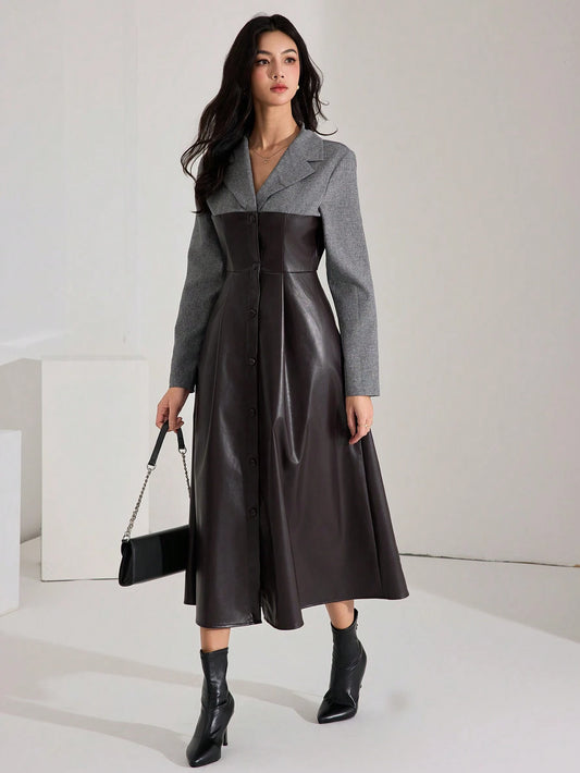 Heiryn Color Block Contrast Material Collared PU Leather Long Dress