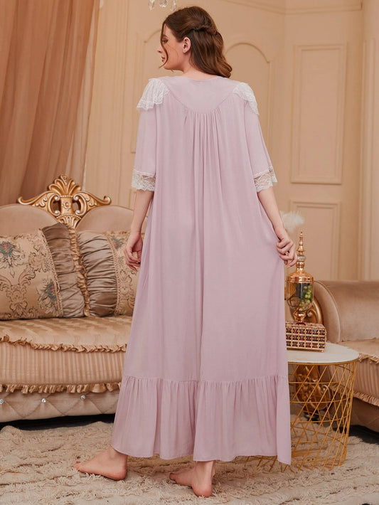 Lace Trim Button Front Ruffle Hem Sleep Dress shein