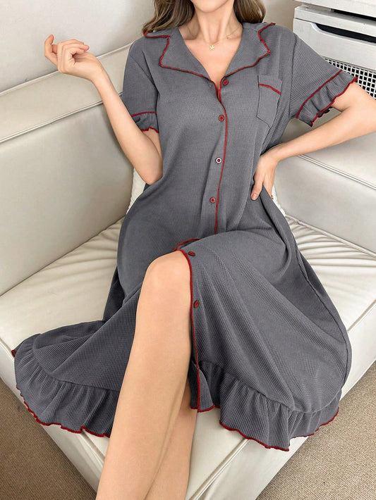 Contrast Color Lapel Single-Breasted Loose Casual Ruffle Trim Short Sleeve Lounge Dress