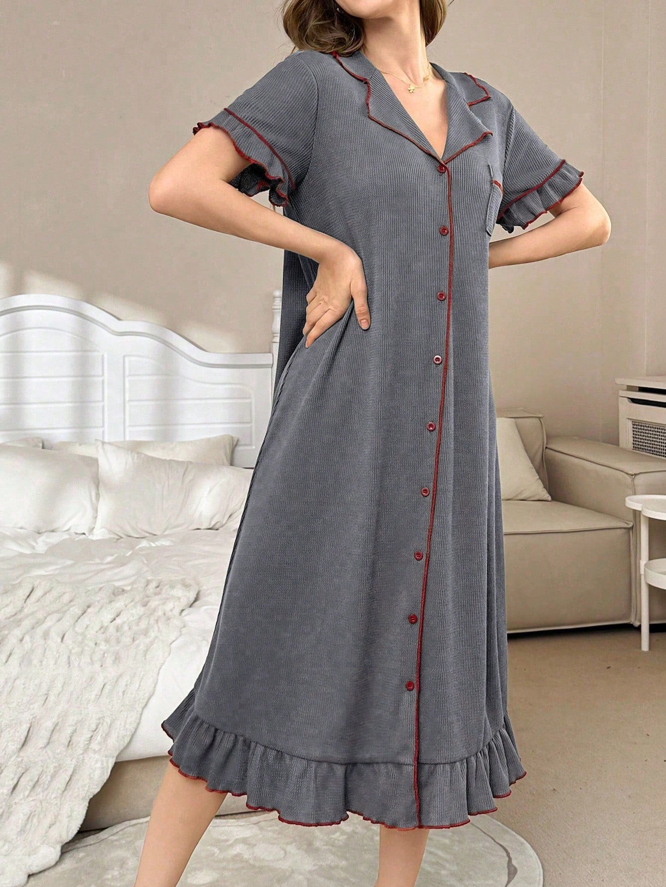 Contrast Color Lapel Single-Breasted Loose Casual Ruffle Trim Short Sleeve Lounge Dress