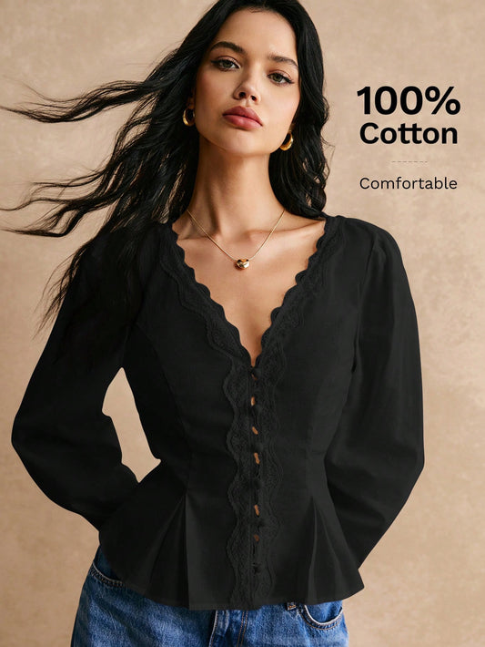 Poéselle Women's Shirts Button Placket Waist Shirts