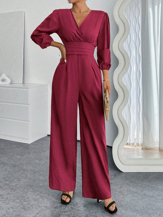 Women's V-Neck Pleated Solid Long Sleeve Jumpsuit