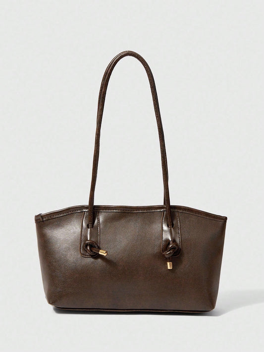 1pc Coffee Brown Quilted Zipper Closure PU Solid Color Bowling Bag