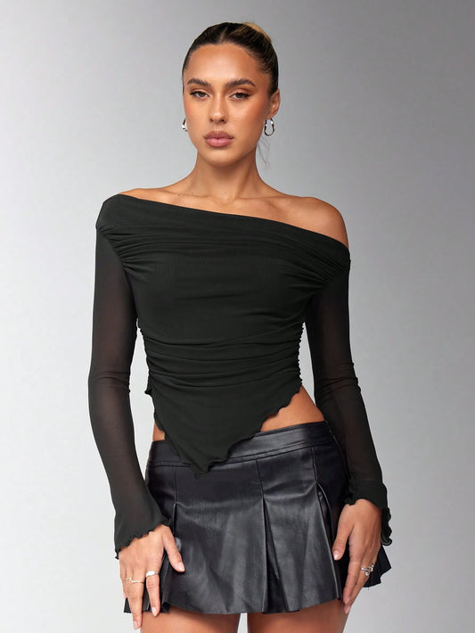 Oblique Shoulder Ruched Asymmetrical Hem Mesh Panel Long Sleeve T-Shirt