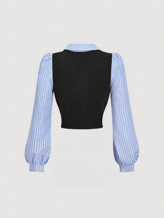 MOD Turndown Collar Puff Sleeve Black And Blue Striped Fitted Shirt