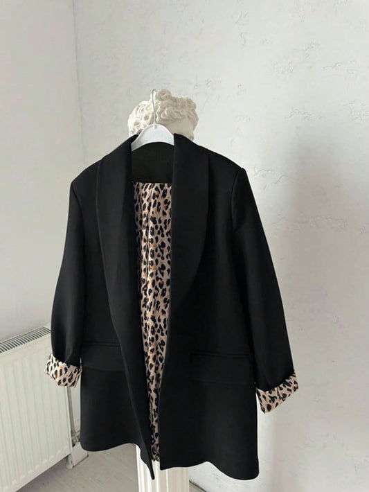 Women's Lightweight Leopard Print Casual Loose Blazer Jacket, With Contrast Color Lining