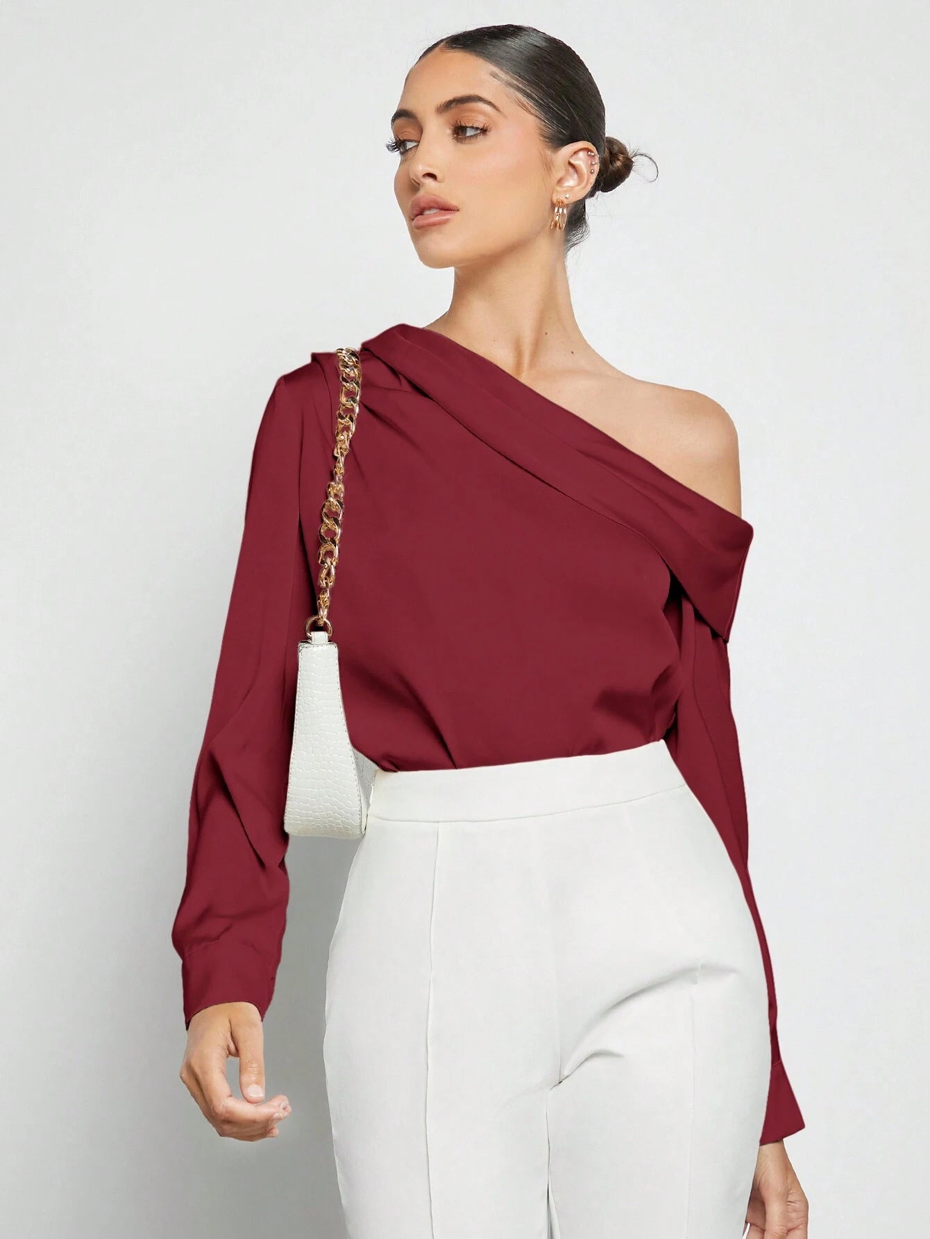 Asymmetrical Neck Ruched Detail Satin Blouse shein