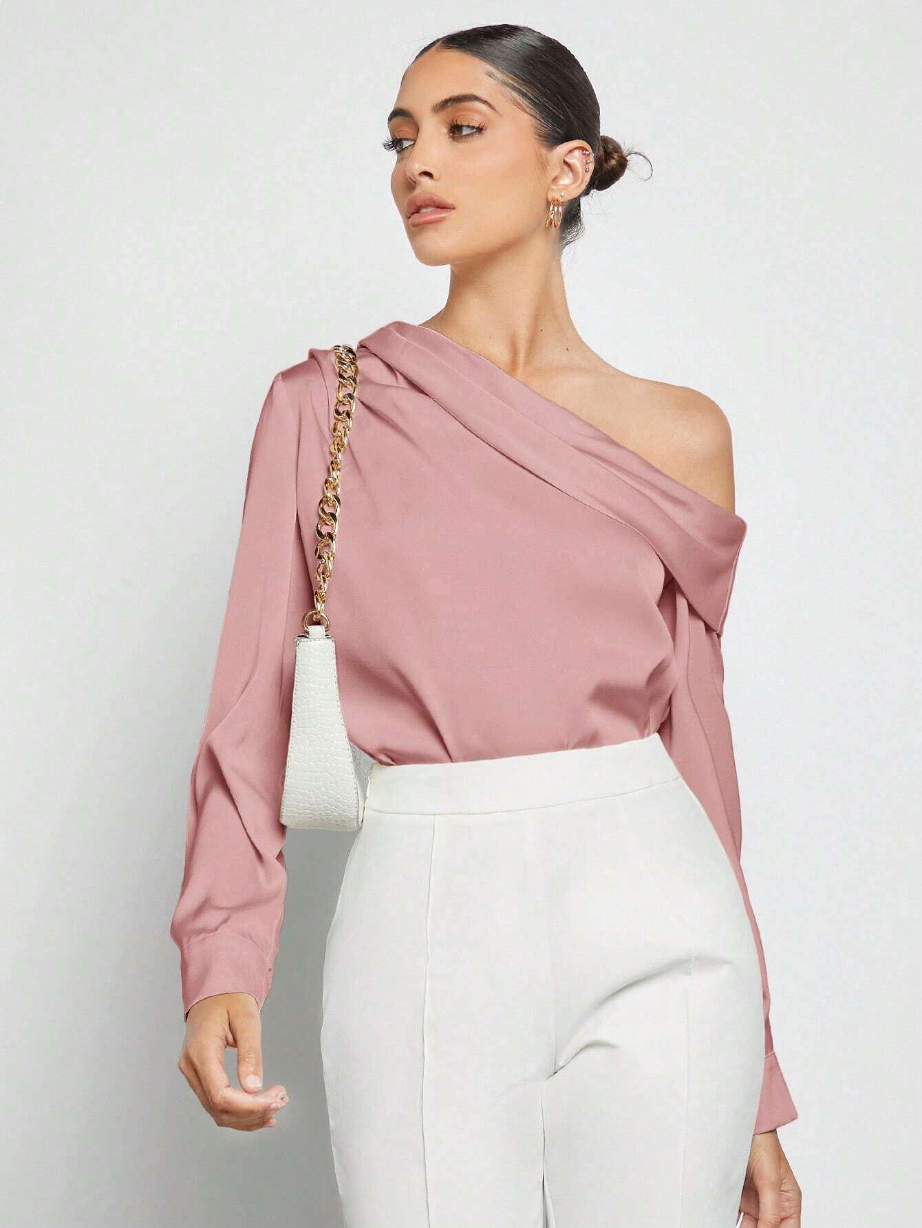 Asymmetrical Neck Ruched Detail Satin Blouse shein