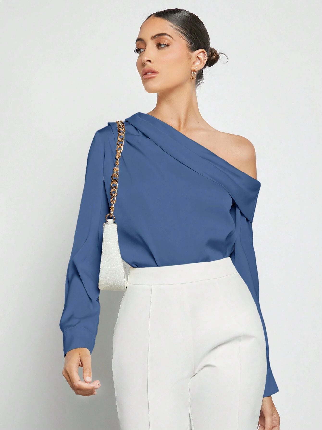 Asymmetrical Neck Ruched Detail Satin Blouse shein