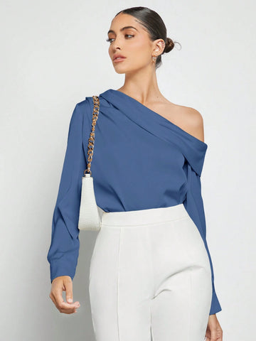 Asymmetrical Neck Ruched Detail Satin Blouse shein