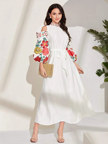 Mulvari Floral Print Cold Shoulder Belted Dress shein