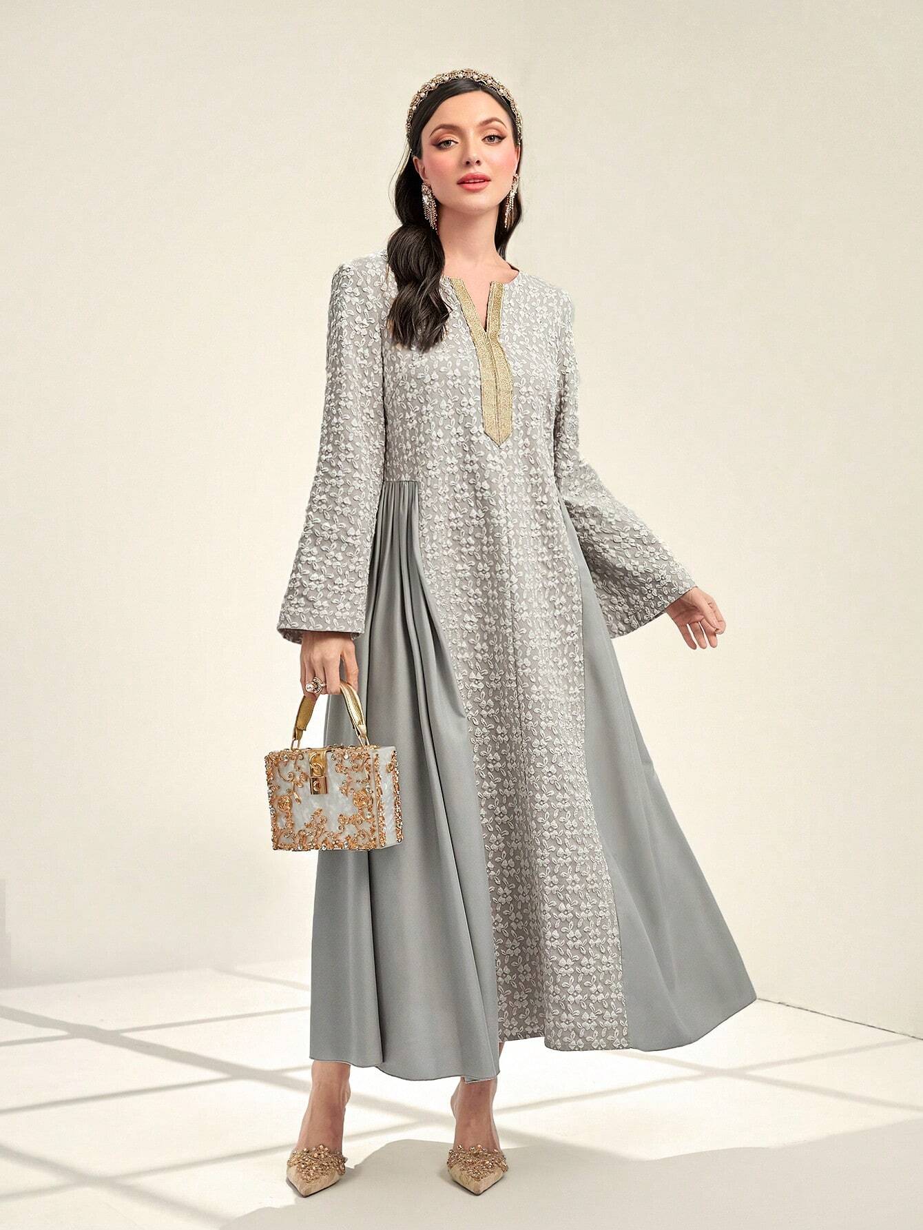 Najma Notch Neck Contrast Tape Detail Jacquard Dress shein