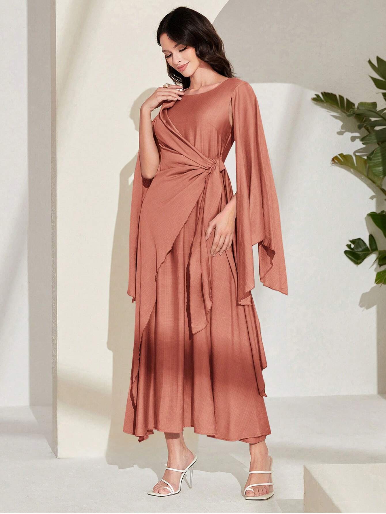 Modely Cloak Sleeve Knot Side Wrap Hem Dress shein