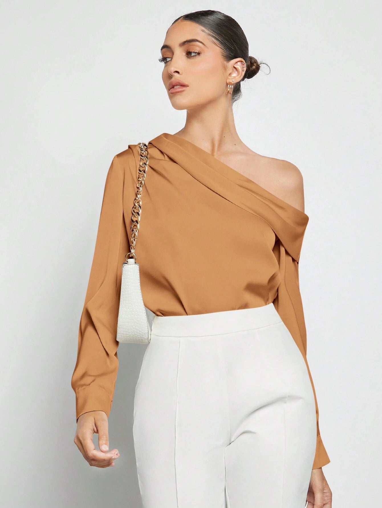 Asymmetrical Neck Ruched Detail Satin Blouse shein