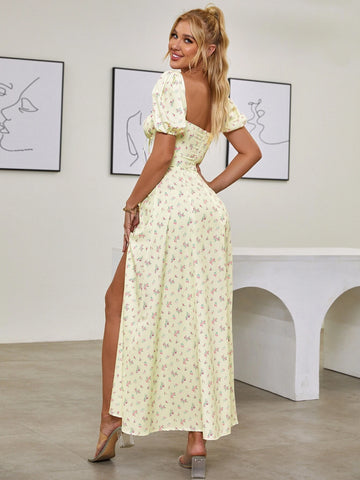 Ditsy Floral Puff Sleeve High Split Maxi Dress shein